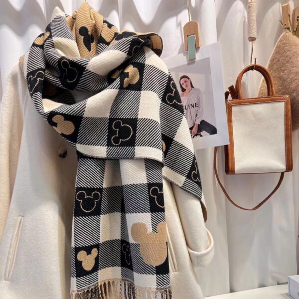 Black and white checkered women's scarf with camel decorative motifs and fringe