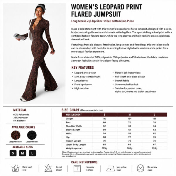 Women’s Leopard Print Flared Jumpsuit – Long Sleeve Zip-Up Slim Fit Bell Bottom One-Piece